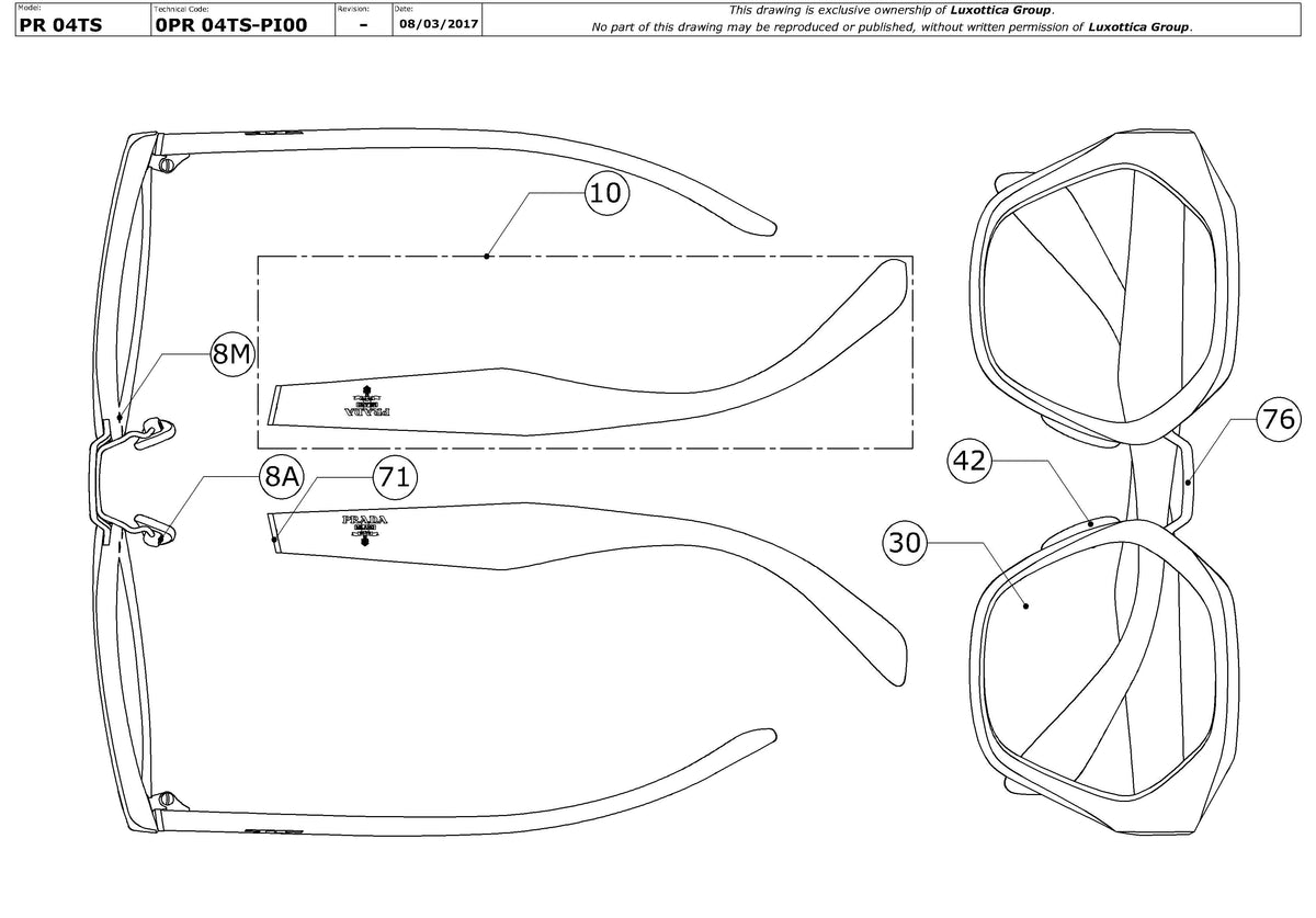 Exploded technical drawing of the Prada PR 04TS Replacement Parts, with each replacement part numbered