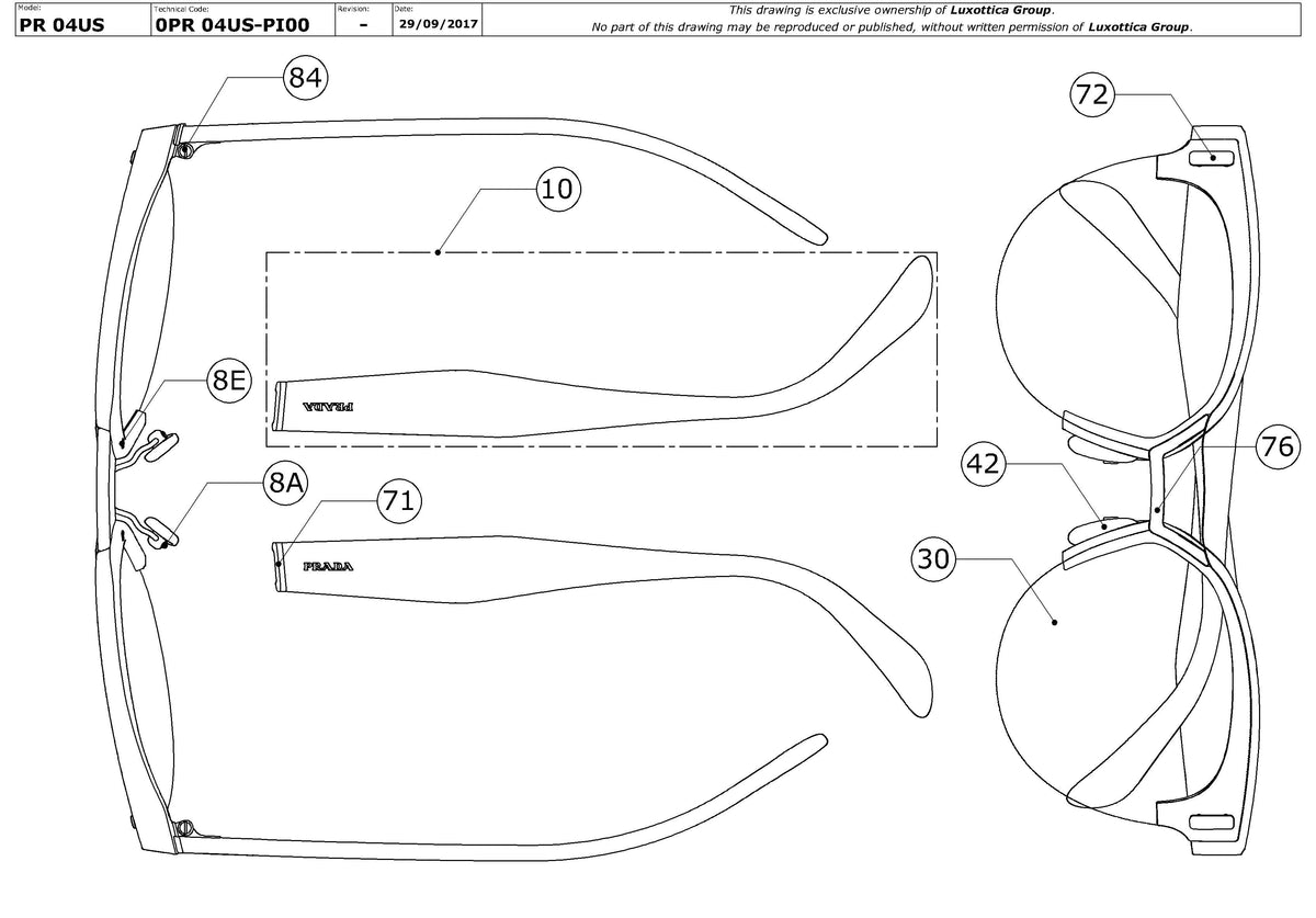 Exploded technical drawing of the Prada PR 04US Replacement Parts, with each replacement part numbered