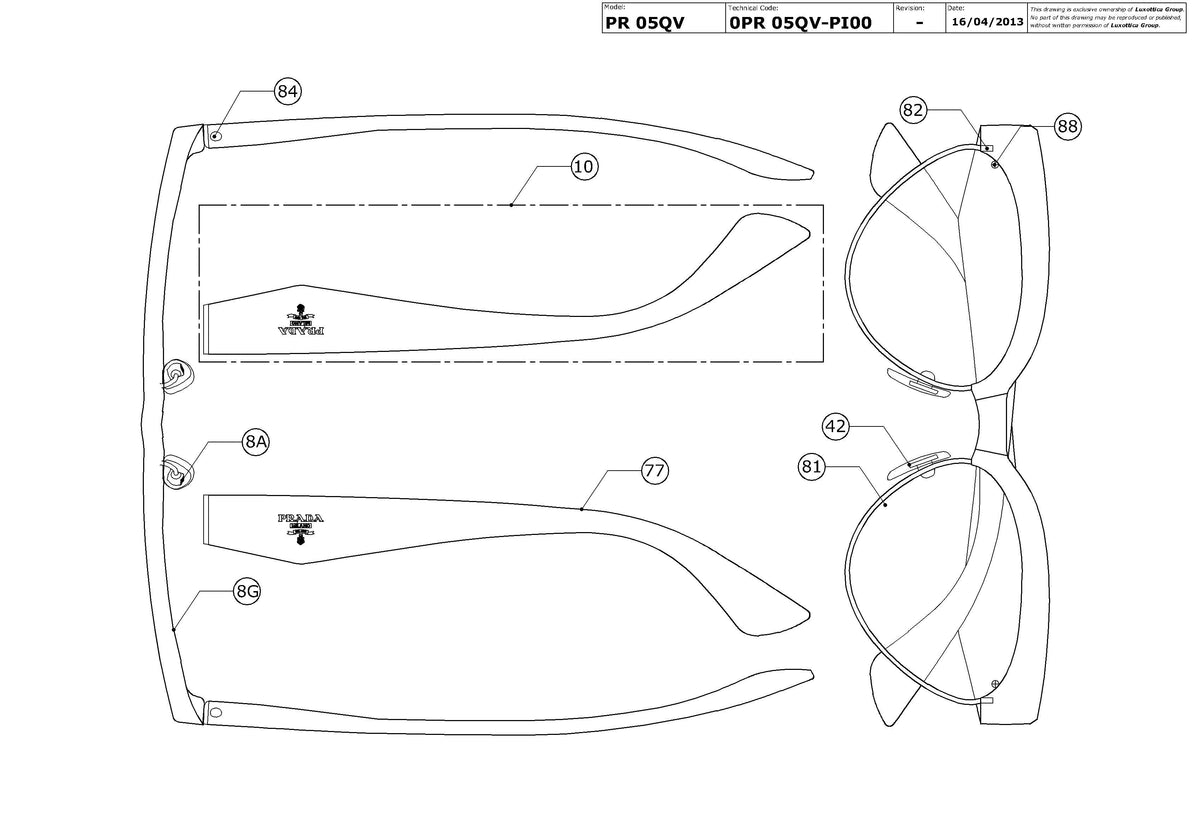 Enlarged technical drawing of the Prada PR 05QV Glasses Replacement Parts