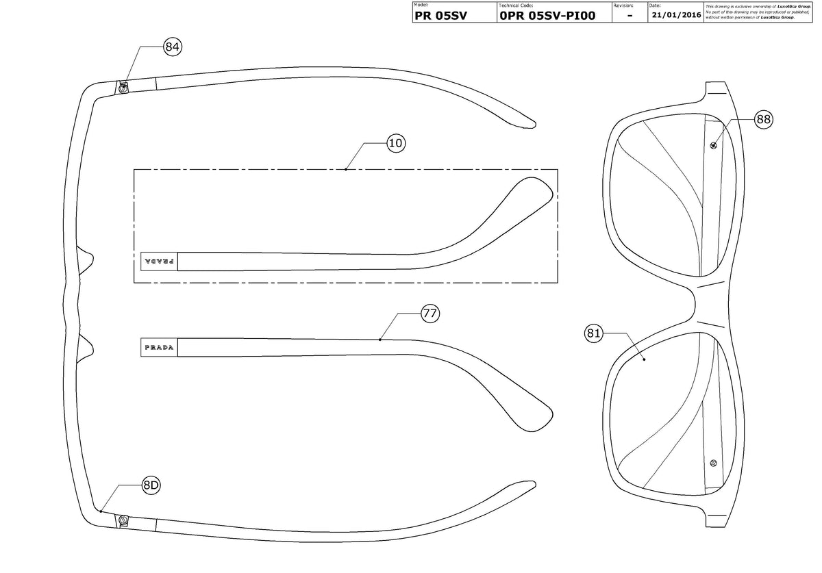 Enlarged technical drawing of the Prada PR 05SV Glasses Replacement Parts