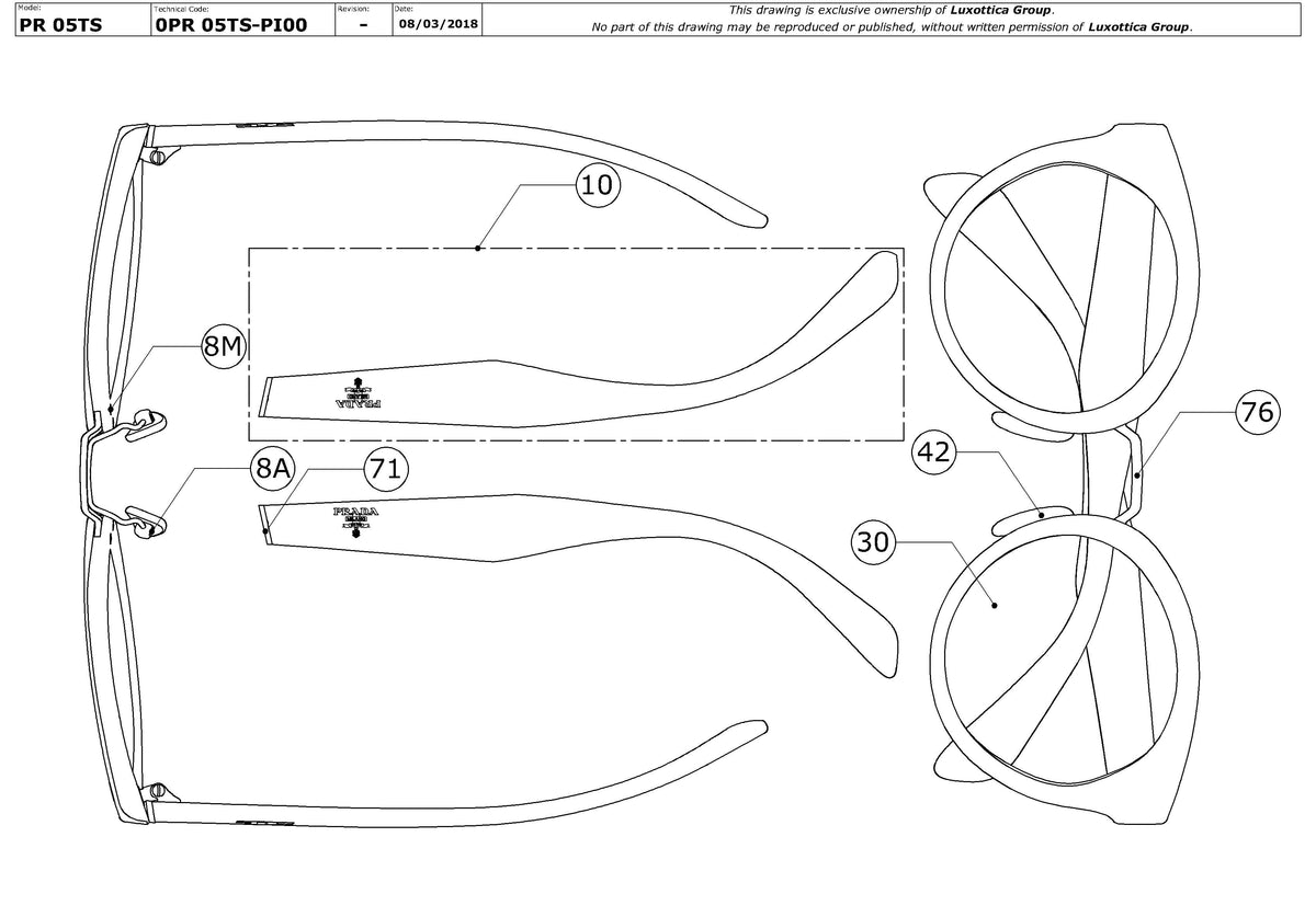 Exploded technical drawing of the Prada PR 05TS Replacement Parts, with each replacement part numbered