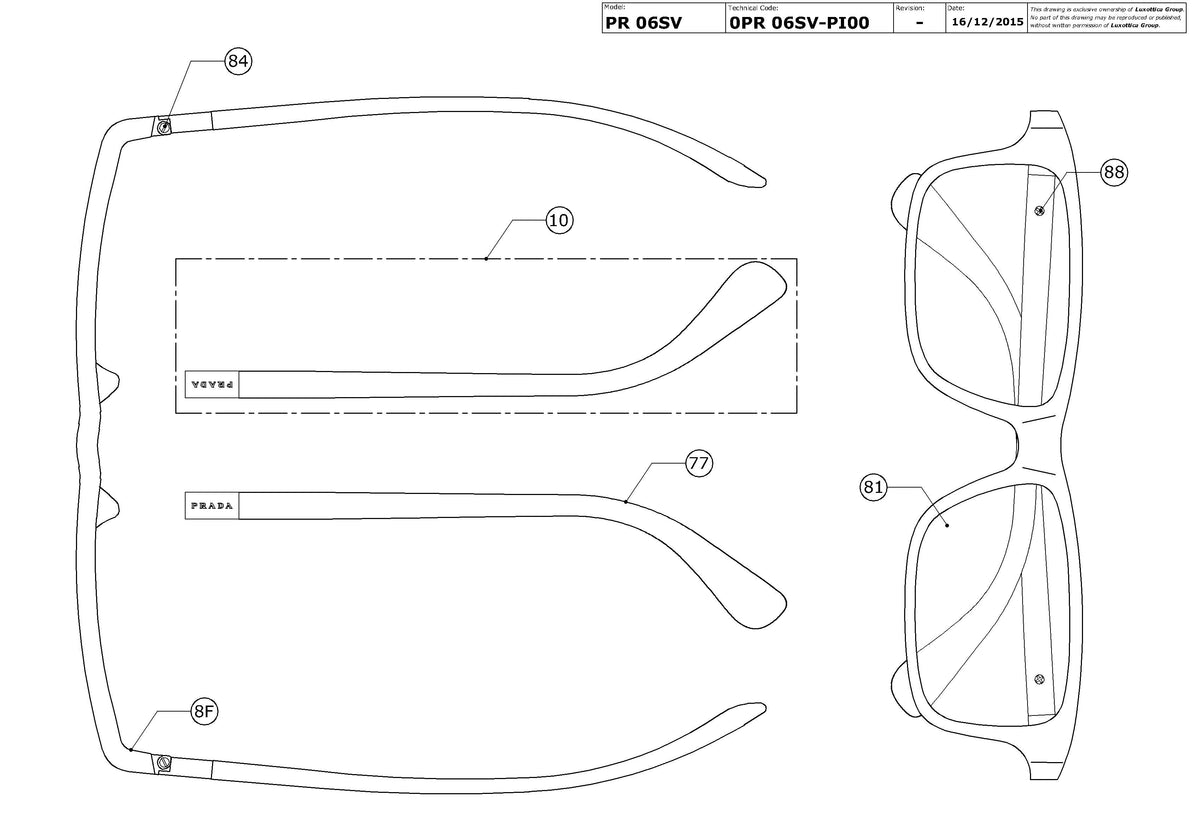 Exploded technical drawing of the Prada PR 06SV Glasses Replacement Parts, with each replacement part numbered