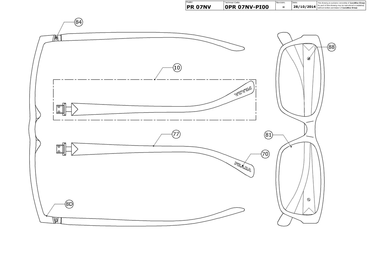 Exploded technical drawing of the Prada PR 07NV Glasses Replacement Parts, with each replacement part numbered