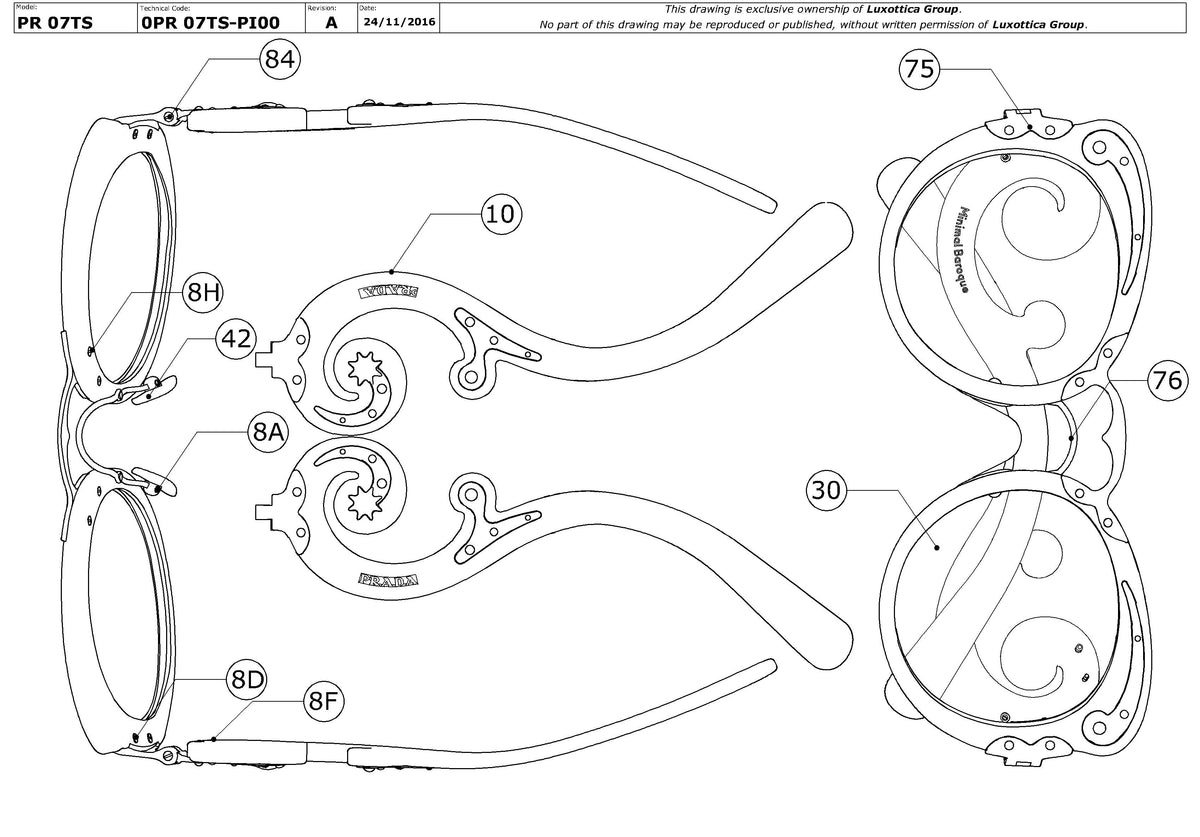 Exploded technical drawing of the Prada PR 07TS Replacement Parts, with each replacement part numbered