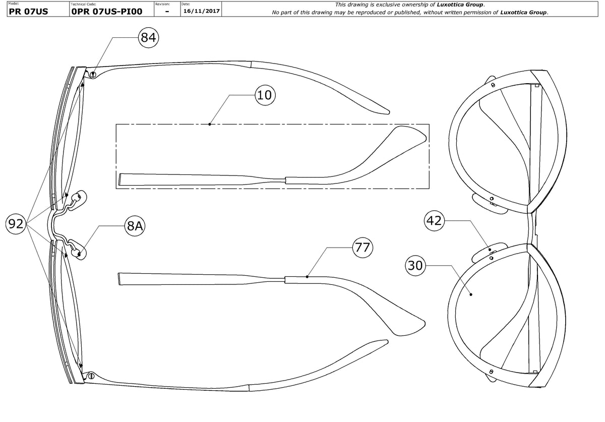 Exploded technical drawing of the Prada PR 07US Replacement Parts, with each replacement part numbered
