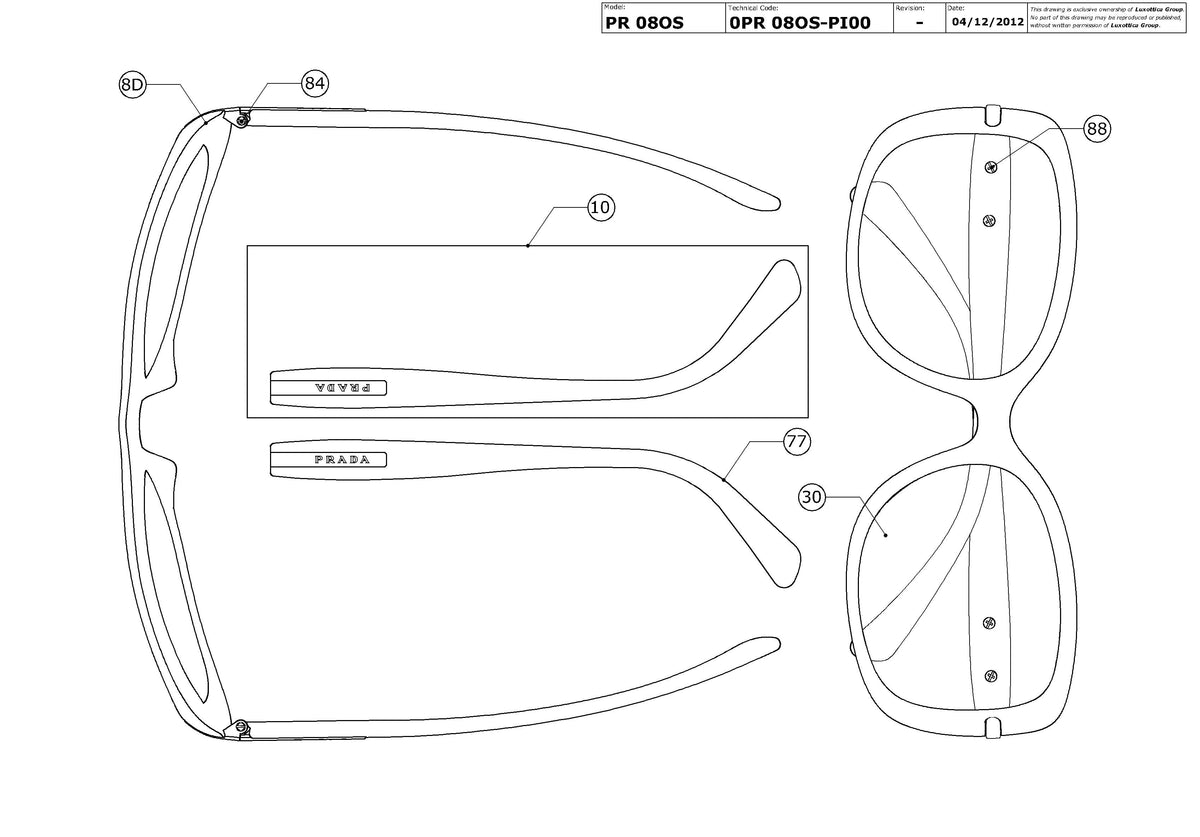 Enlarged technical drawing of the Prada PR 08OS Replacement Parts