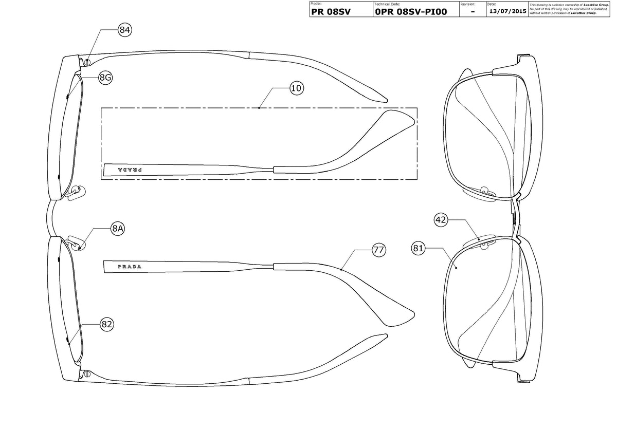 Enlarged technical drawing of the Prada PR 08SV Glasses Replacement Parts