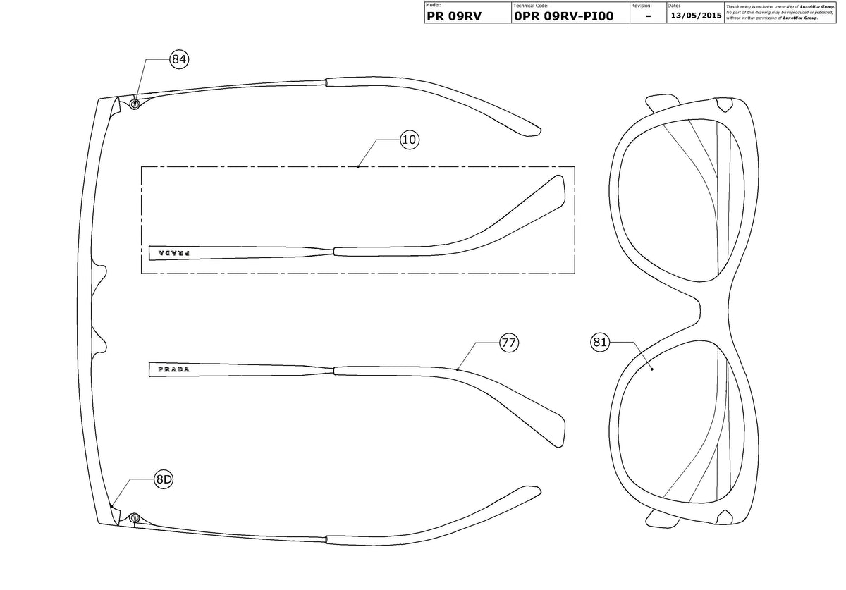 Exploded technical drawing of the Prada PR 09RV Glasses Replacement Parts, with each replacement part numbered