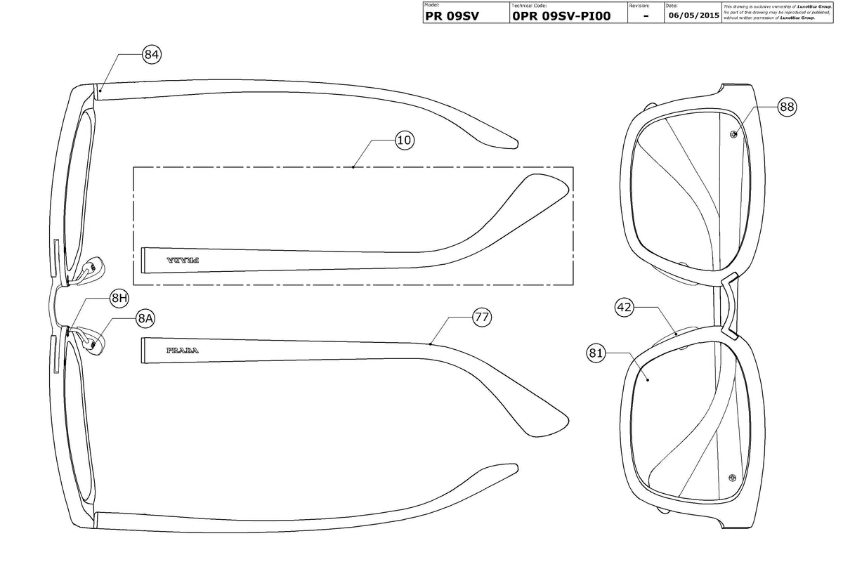 Exploded technical drawing of the Prada PR 09SV Glasses Replacement Parts, with each replacement part numbered