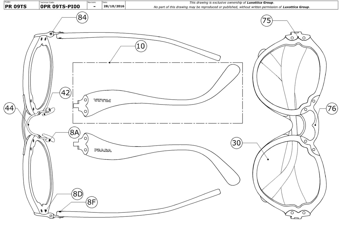 Enlarged technical drawing of the Prada PR 09TS Replacement Parts