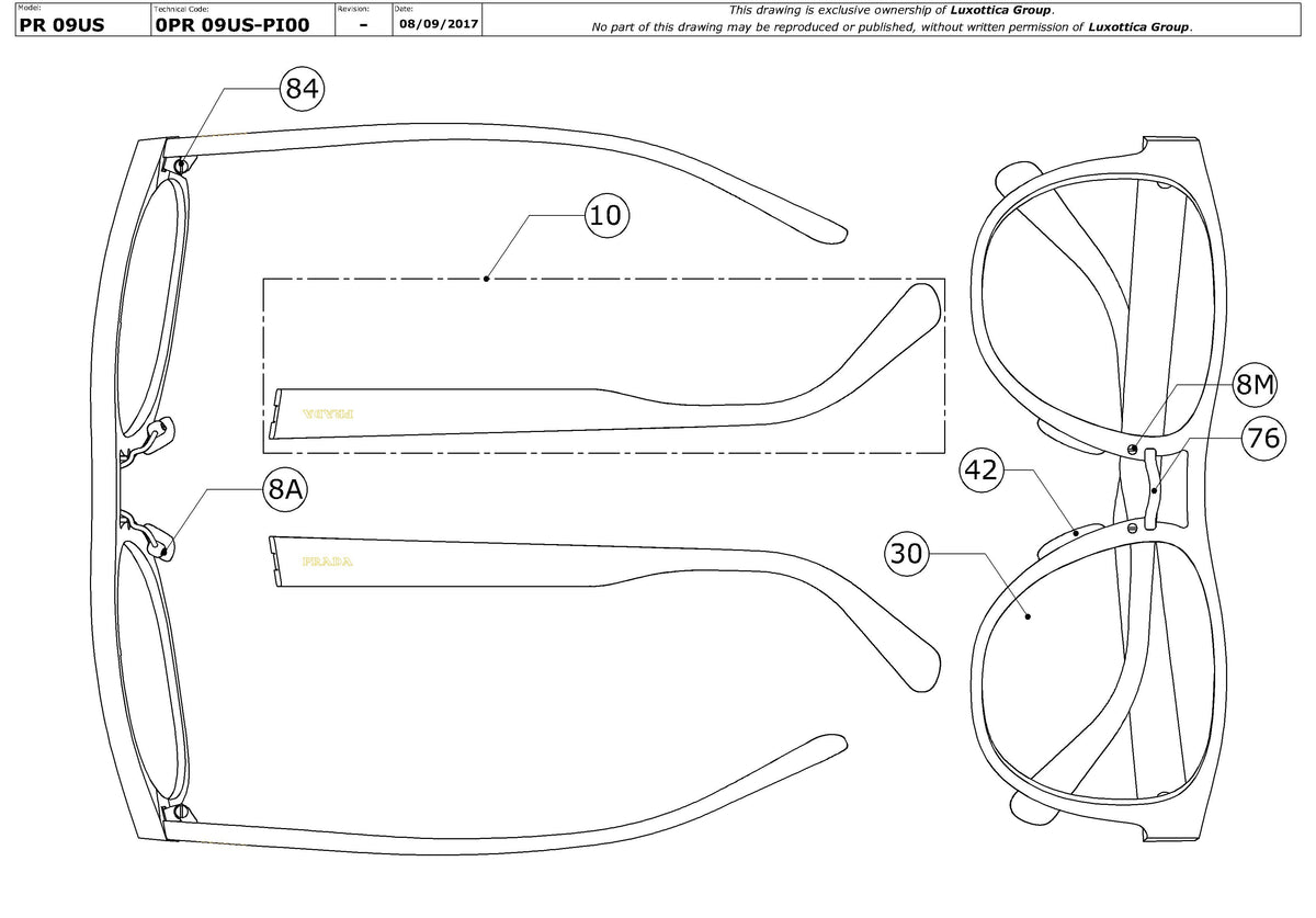 Enlarged technical drawing of the Prada PR 09US Replacement Parts