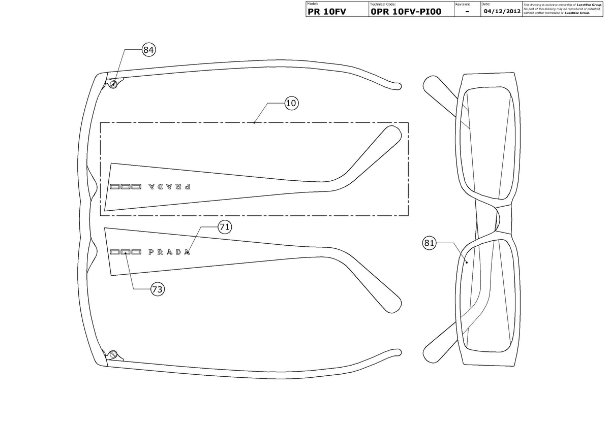Exploded technical drawing of the Prada PR 10FV Glasses Replacement Parts, with each replacement part numbered
