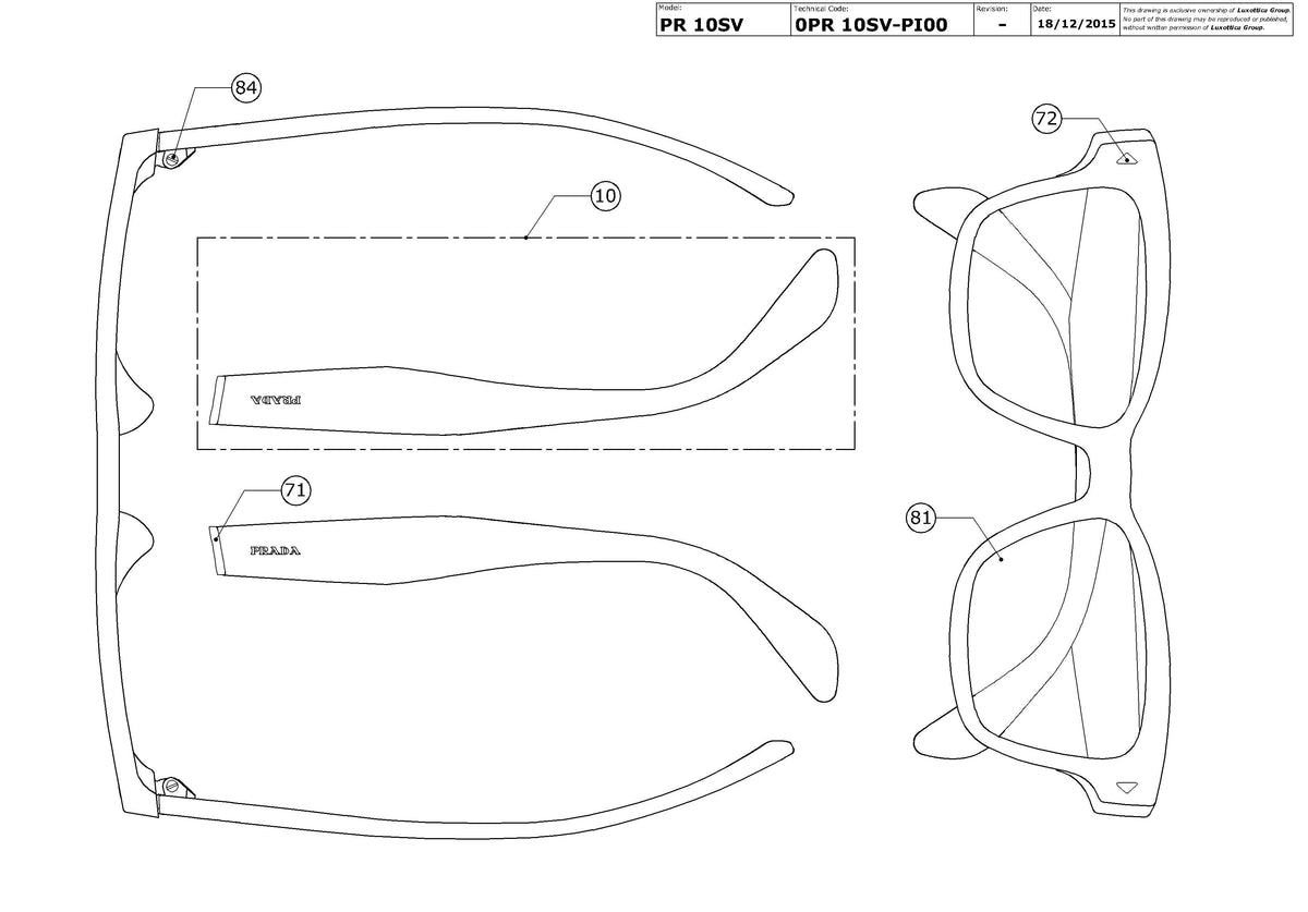 Enlarged technical drawing of the Prada PR 10SV Glasses Replacement Parts