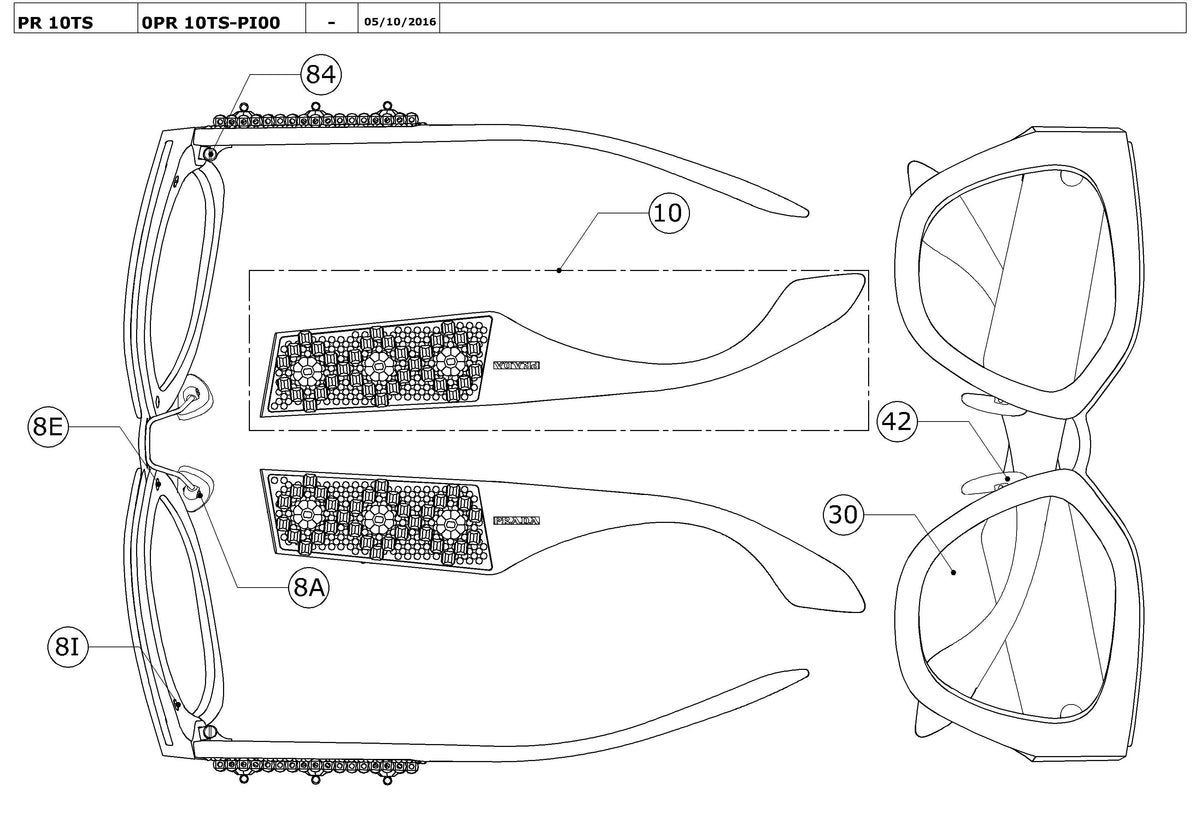 Exploded technical drawing of the Prada PR 10TS Replacement Parts, with each replacement part numbered