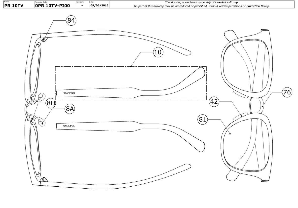 Exploded technical drawing of the Prada PR 10TV Glasses Replacement Parts, with each replacement part numbered