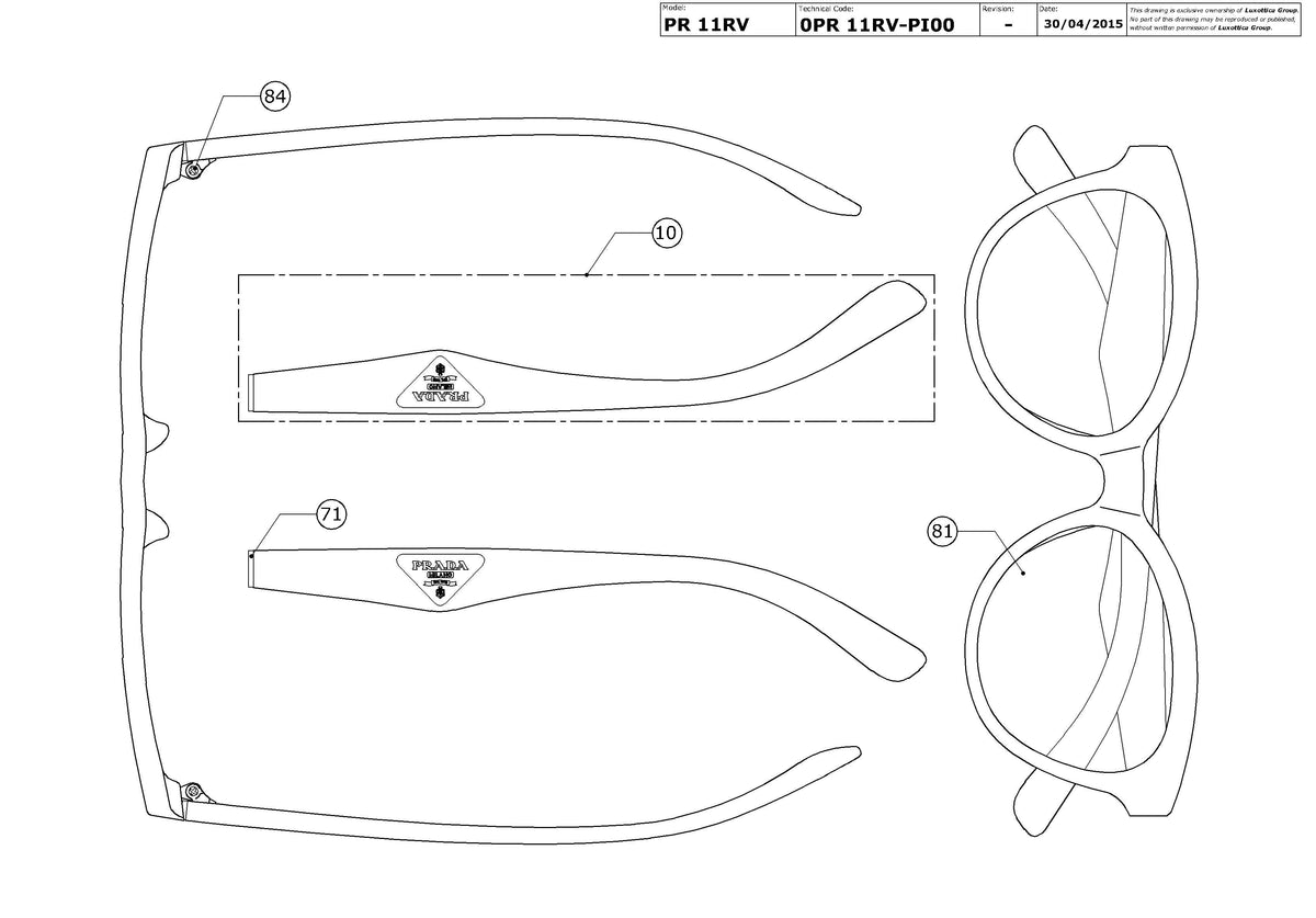 Exploded technical drawing of the Prada PR 11RV Glasses Replacement Parts, with each replacement part numbered