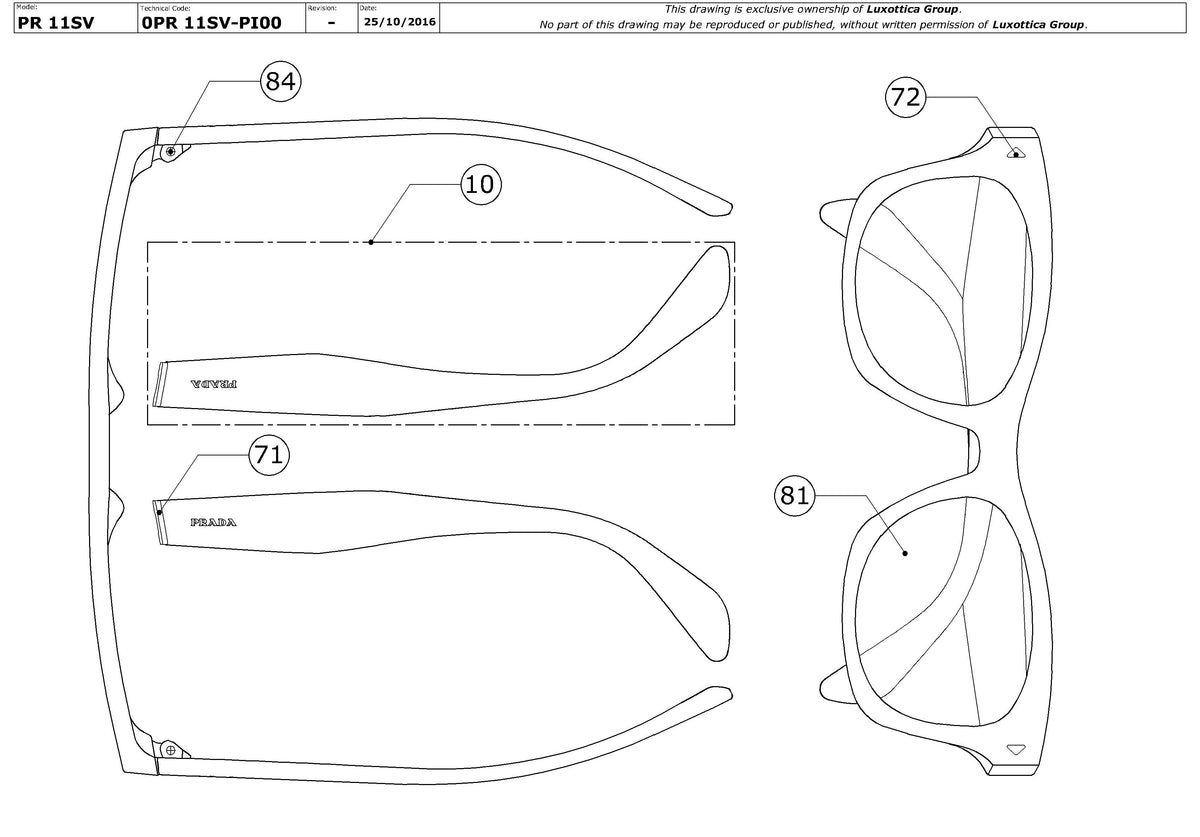 Exploded technical drawing of the Prada PR 11SV Glasses Replacement Parts, with each replacement part numbered
