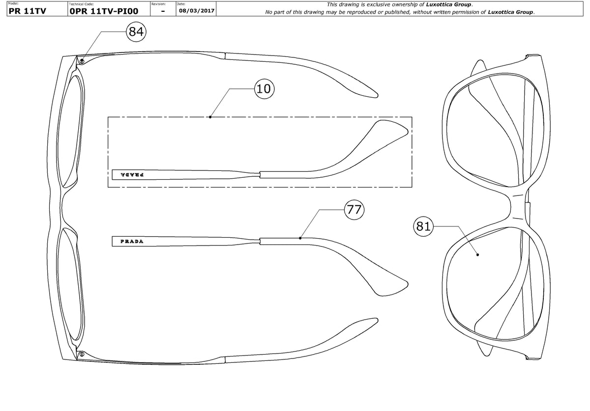 Exploded technical drawing of the Prada PR 11TV Glasses Replacement Parts, with each replacement part numbered