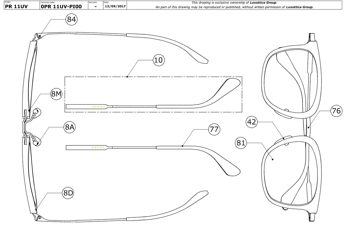 Enlarged technical drawing of the Prada PR 11UV Glasses Replacement Parts