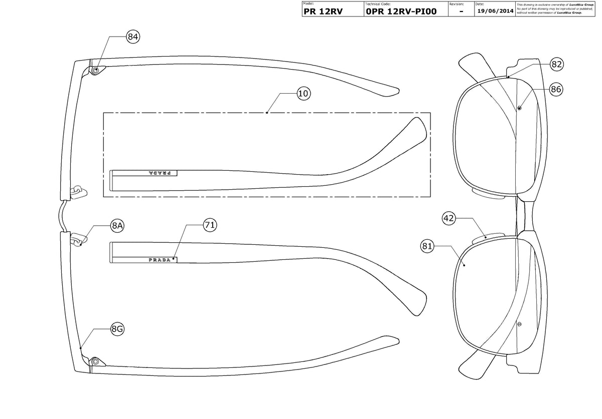 Enlarged technical drawing of the Prada PR 12RV Glasses Replacement Parts