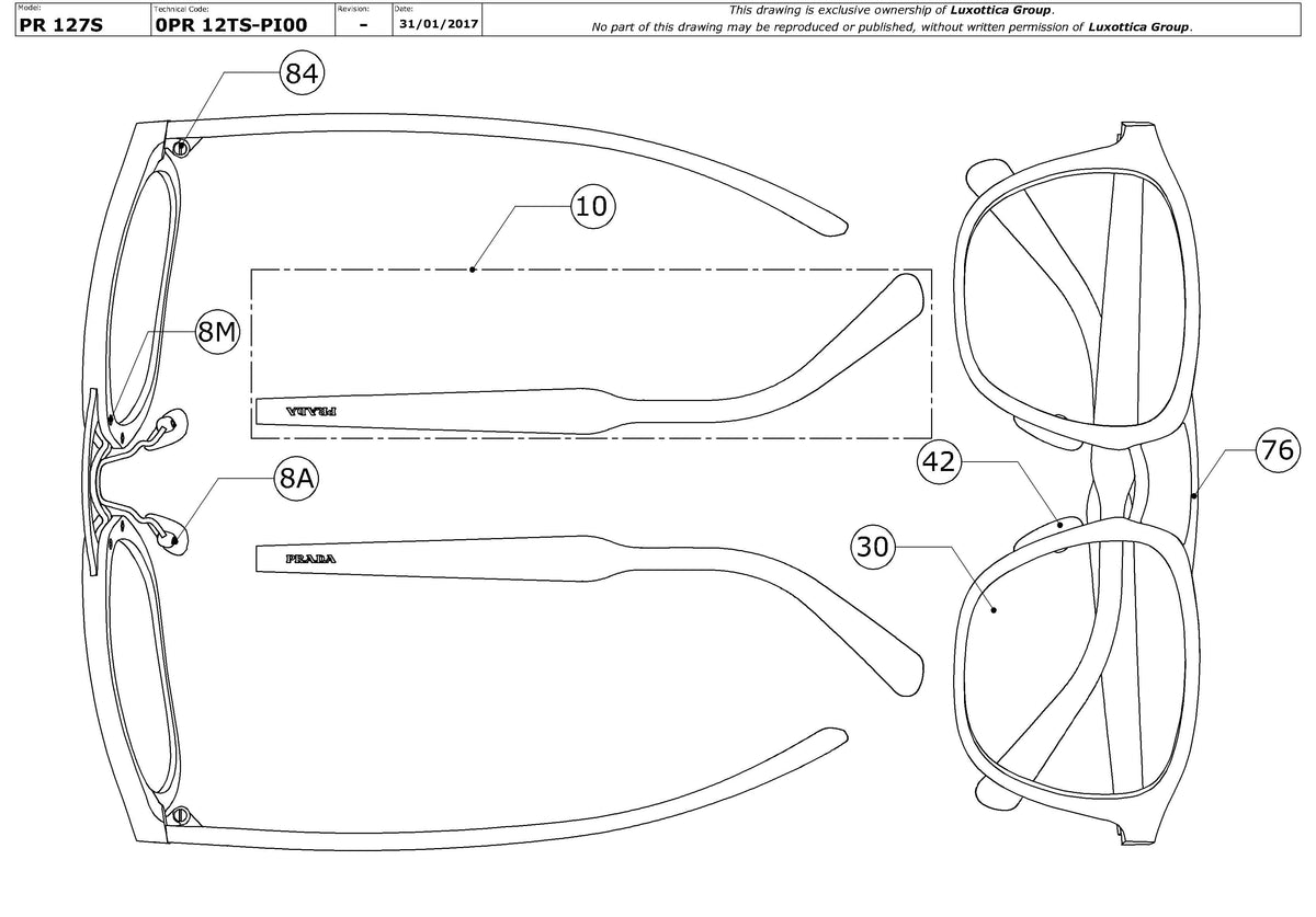 Enlarged technical drawing of the Prada PR 12TS Replacement Parts