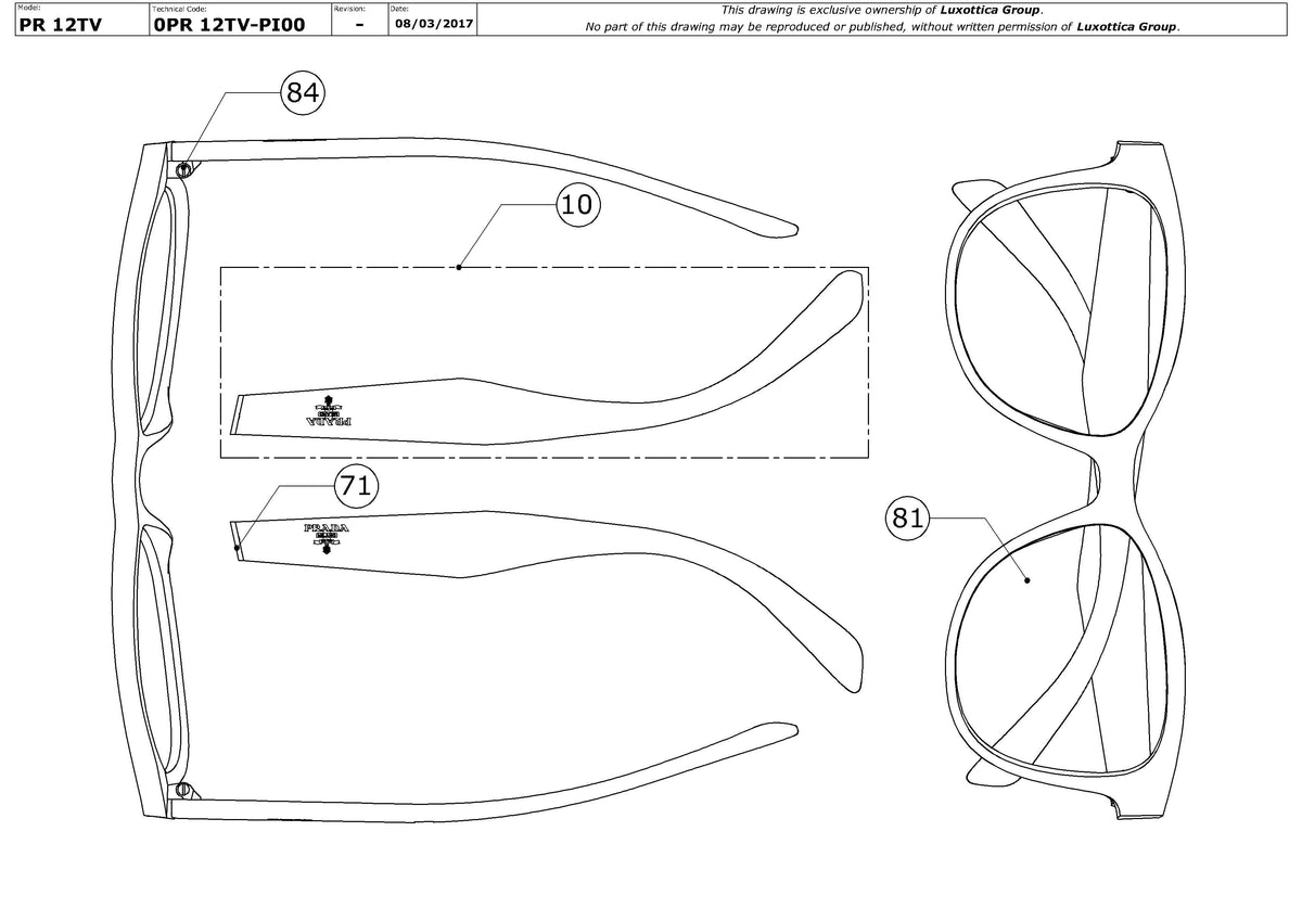 Exploded technical drawing of the Prada PR 12TV Glasses Replacement Parts, with each replacement part numbered
