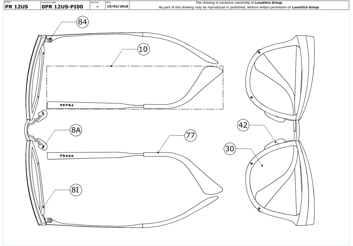 Exploded technical drawing of the Prada PR 12US Replacement Parts, with each replacement part numbered