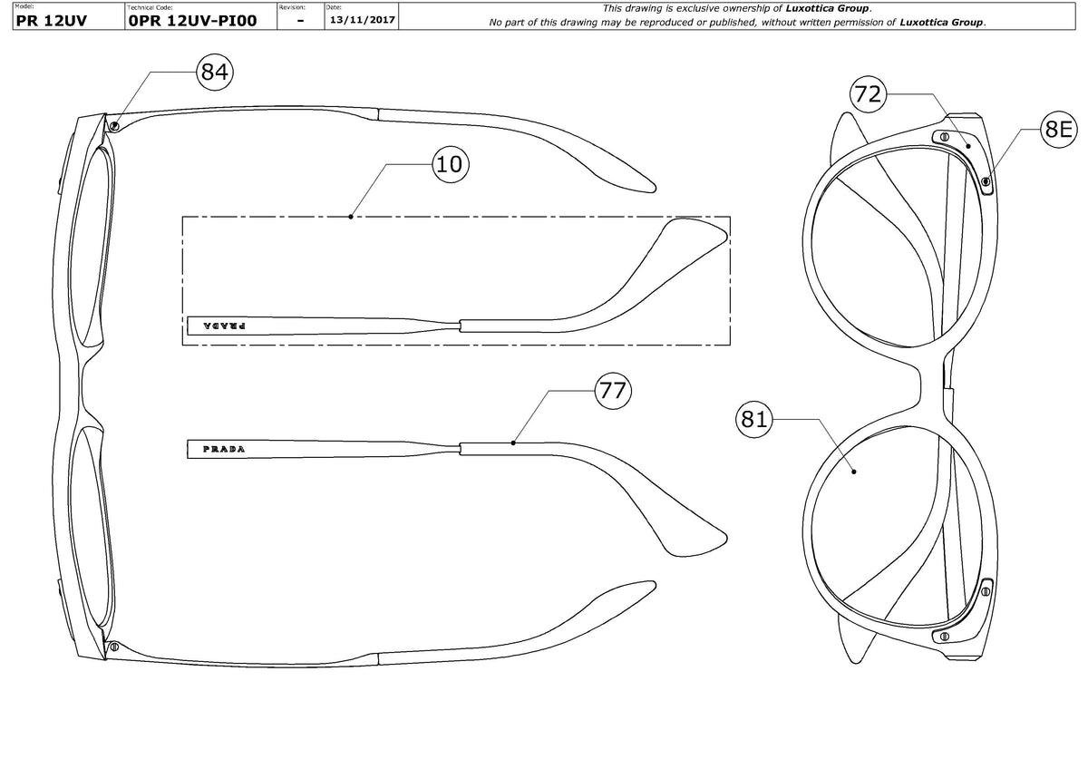 Enlarged technical drawing of the Prada PR 12UV Glasses Replacement Parts