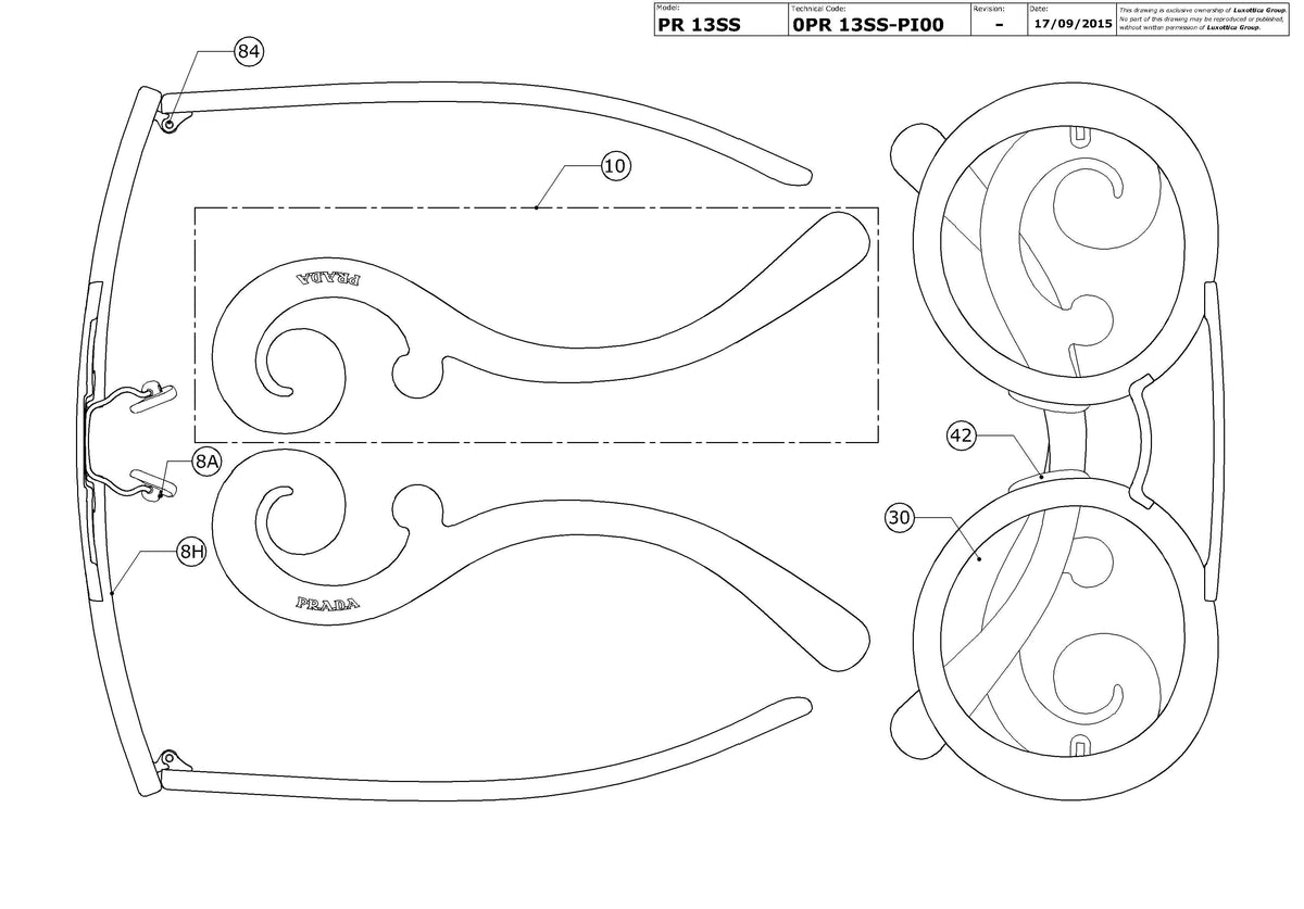 Exploded technical drawing of the Prada PR 13SS Replacement Parts, with each replacement part numbered