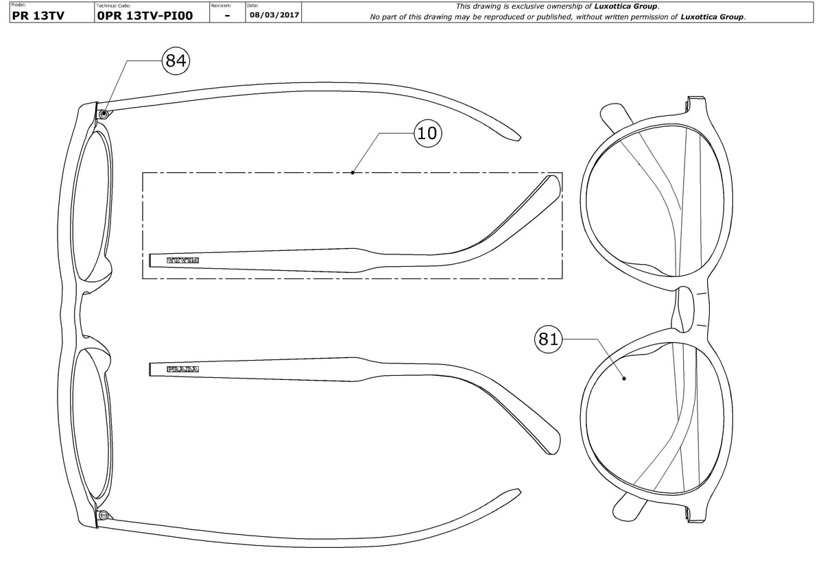 Enlarged technical drawing of the Prada PR 13TV Glasses Replacement Parts