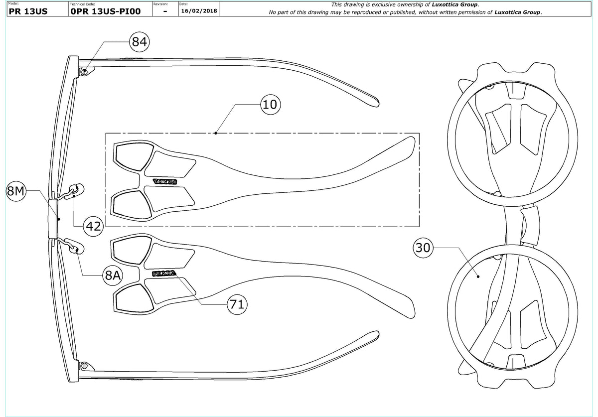 Exploded technical drawing of the Prada PR 13US Replacement Parts, with each replacement part numbered