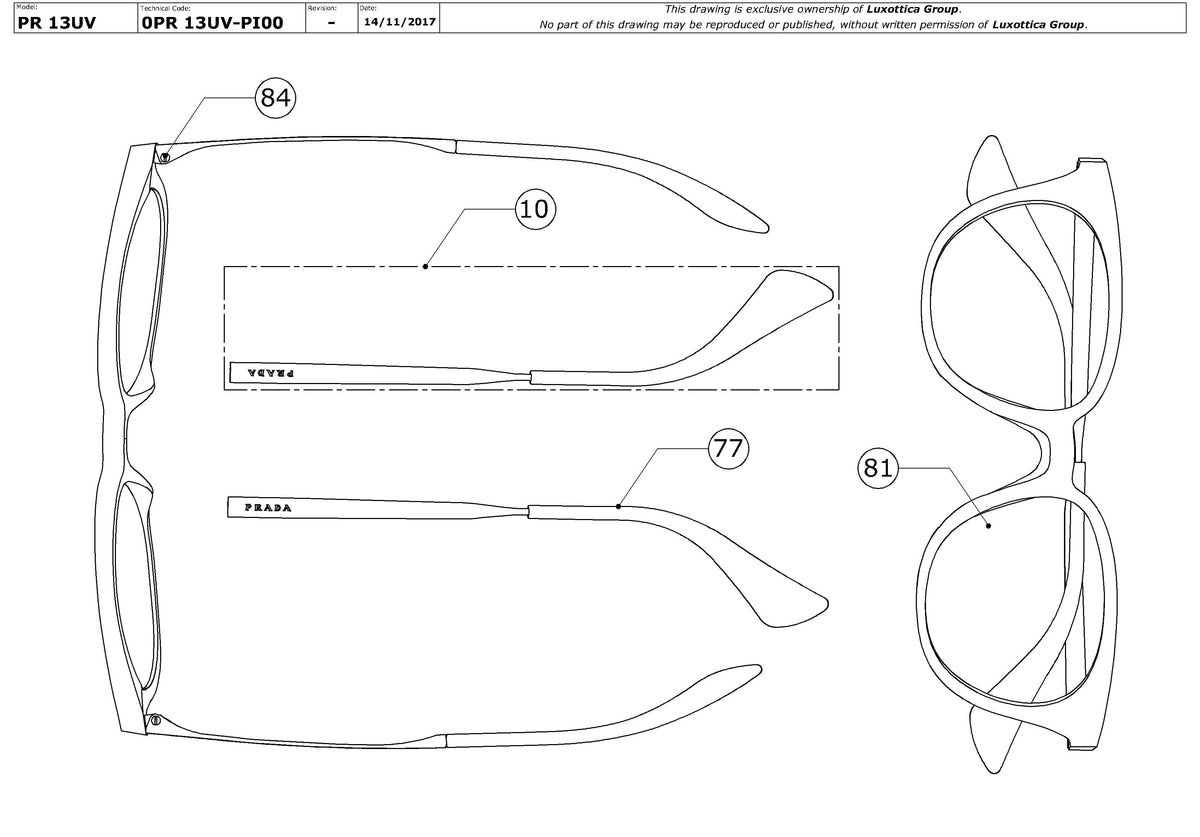 Exploded technical drawing of the Prada PR 13UV Glasses Replacement Parts, with each replacement part numbered
