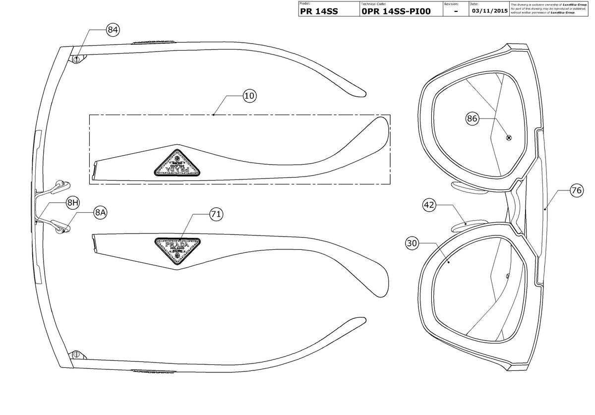 Exploded technical drawing of the Prada PR 14SS Replacement Parts, with each replacement part numbered