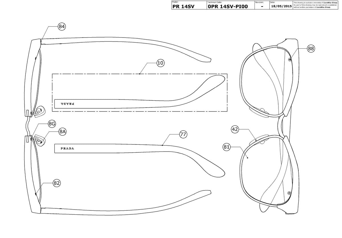 Enlarged technical drawing of the Prada PR 14SV Glasses Replacement Parts
