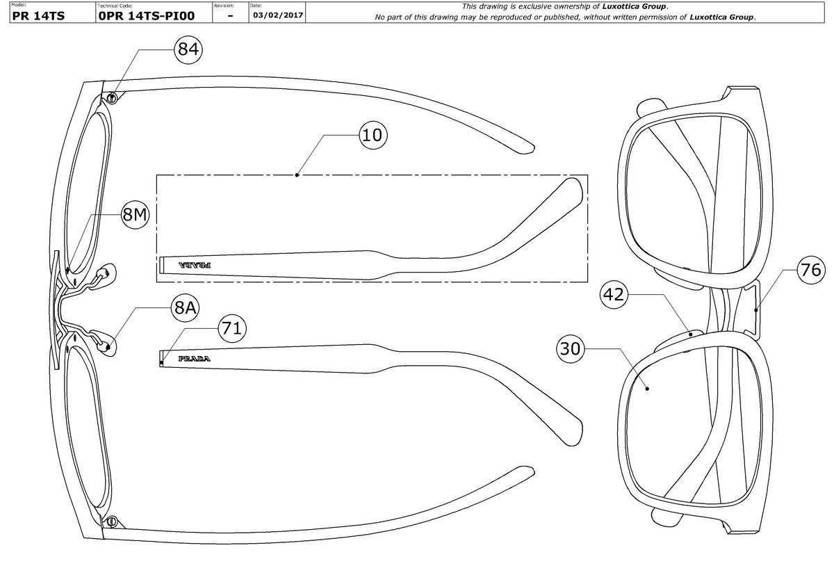Enlarged technical drawing of the Prada PR 14TS Replacement Parts