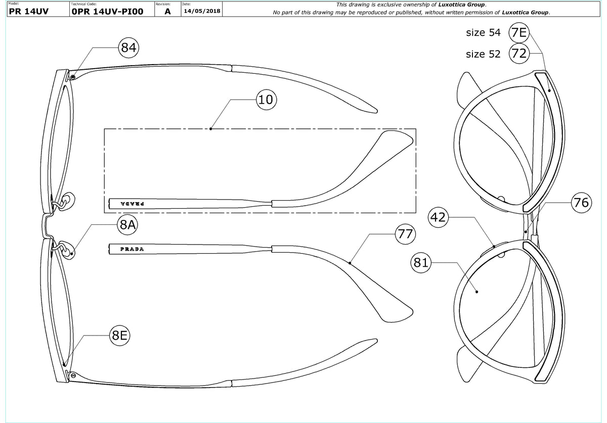 Exploded technical drawing of the Prada PR 14UV Glasses Replacement Parts, with each replacement part numbered