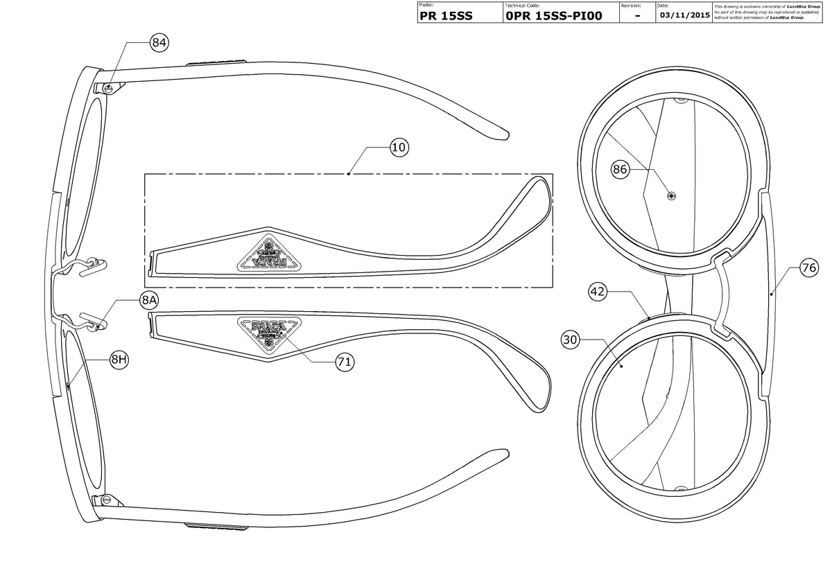 Exploded technical drawing of the Prada PR 15SS Replacement Parts, with each replacement part numbered