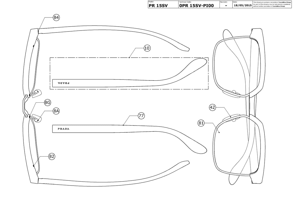 Exploded technical drawing of the Prada PR 15SV Glasses Replacement Parts, with each replacement part numbered