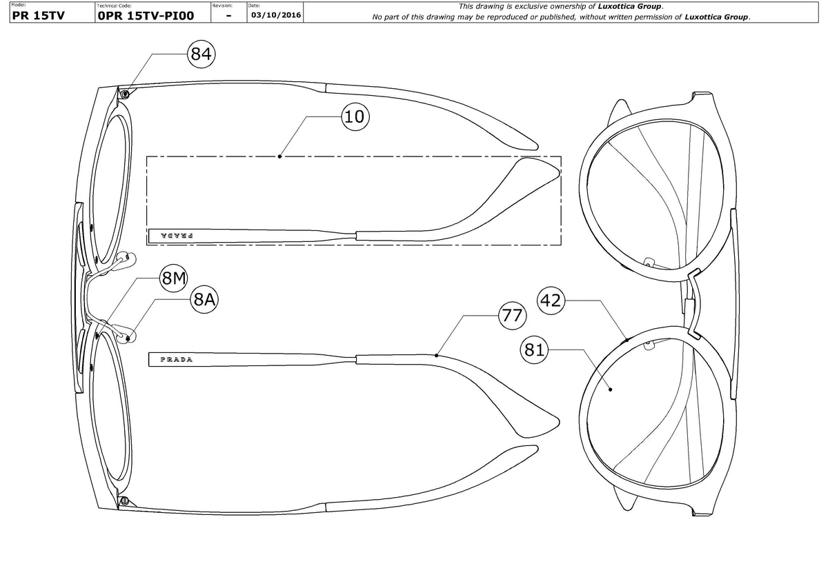 Exploded technical drawing of the Prada PR 15TV Glasses Replacement Parts, with each replacement part numbered