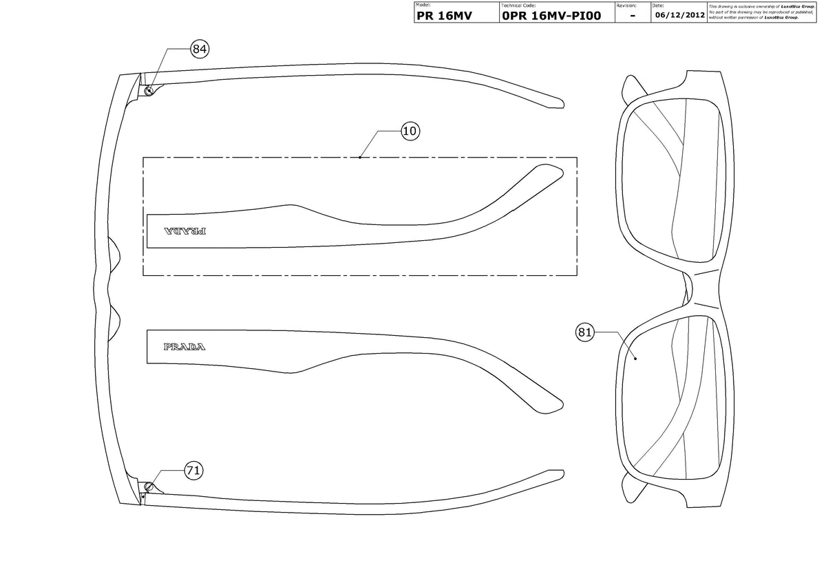 Enlarged technical drawing of the Prada PR 16MV Glasses Replacement Parts