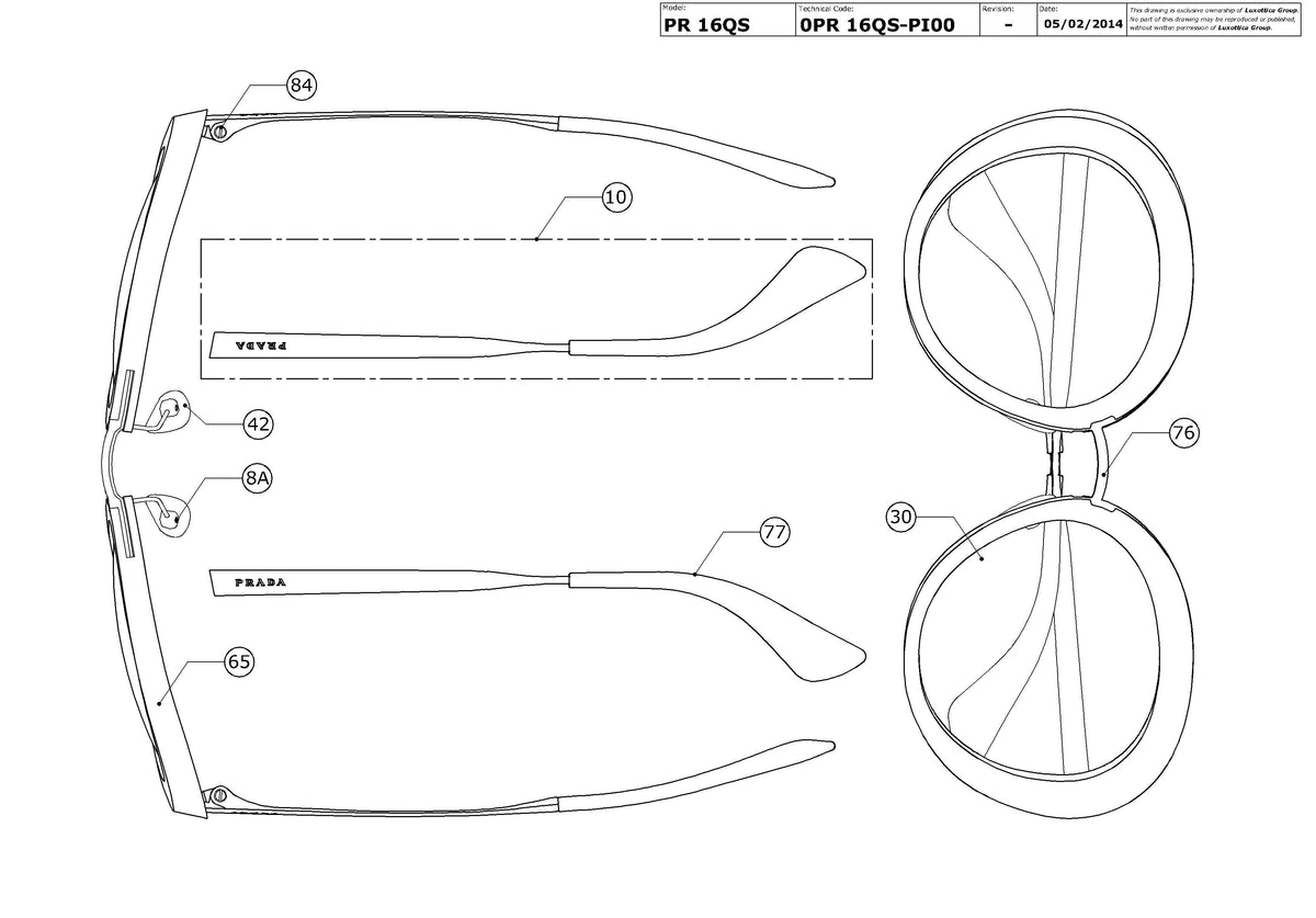 Exploded technical drawing of the Prada PR 16QS Replacement Parts, with each replacement part numbered