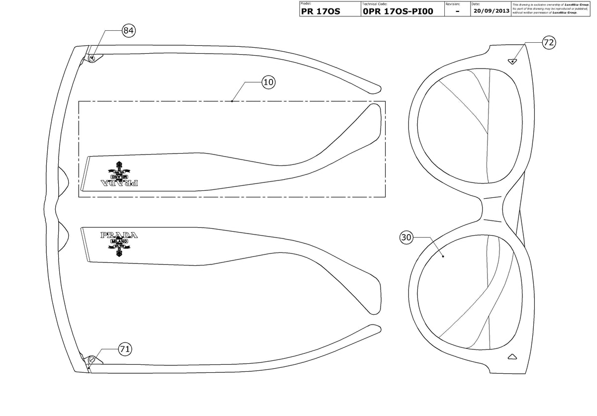 Exploded technical drawing of the Prada PR 17OS Replacement Parts, with each replacement part numbered