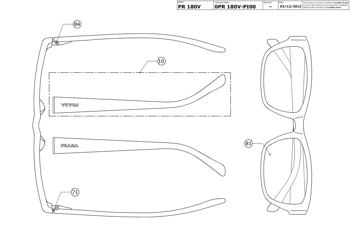 Enlarged technical drawing of the Prada PR 18OV Glasses Replacement Parts