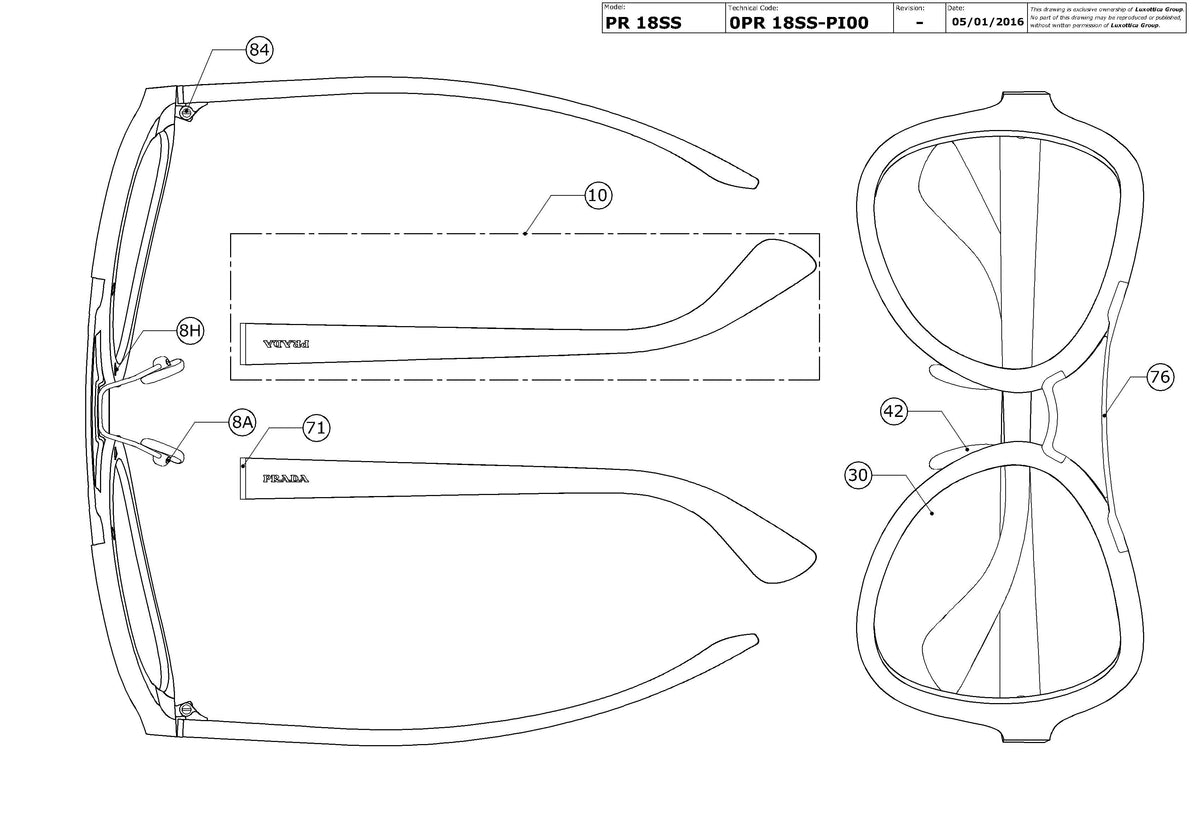 Enlarged technical drawing of the Prada PR 18SS Replacement Parts