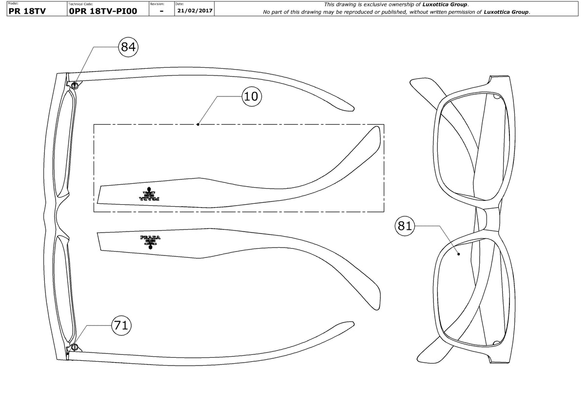 Enlarged technical drawing of the Prada PR 18TV Glasses Replacement Parts