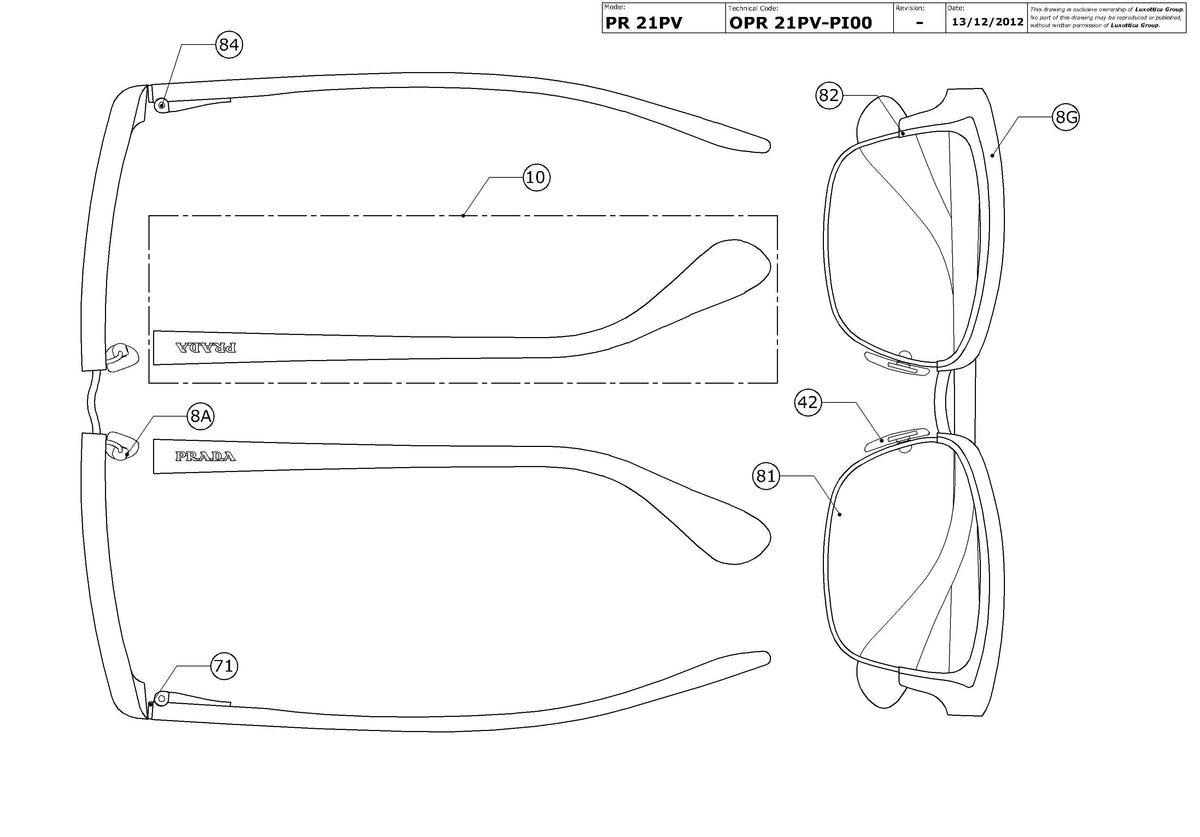 Enlarged technical drawing of the Prada PR 21PV Glasses Replacement Parts