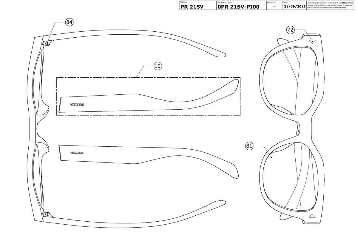 Enlarged technical drawing of the Prada PR 21SV Glasses Replacement Parts