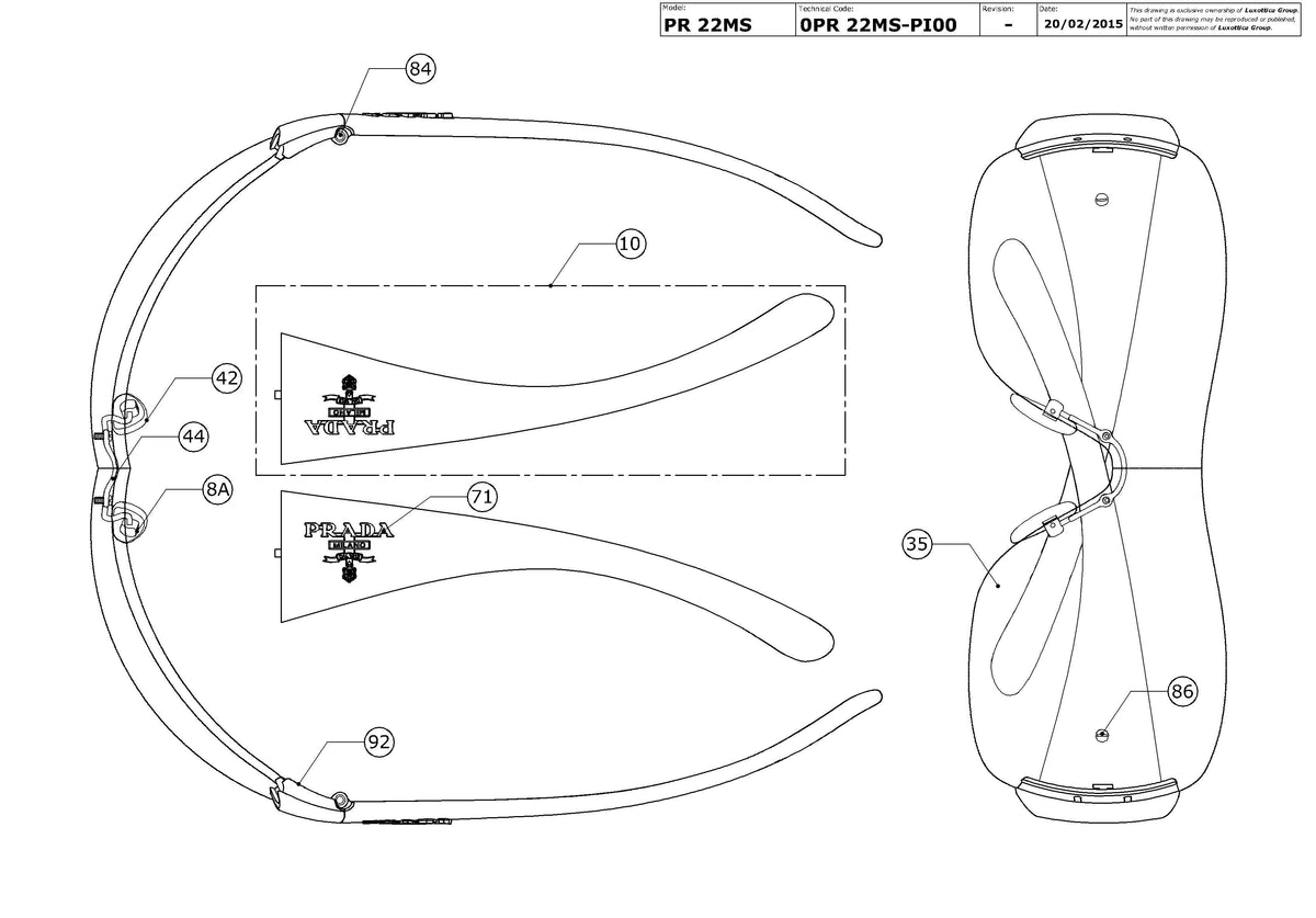 Exploded technical drawing of the Prada PR 22MS Replacement Parts, with each replacement part numbered