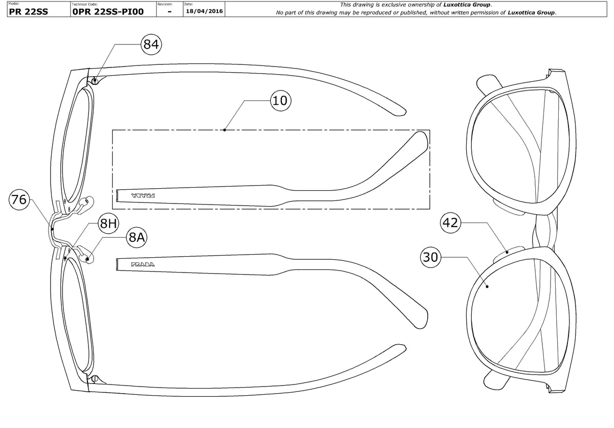 Enlarged technical drawing of the Prada PR 22SS Replacement Parts