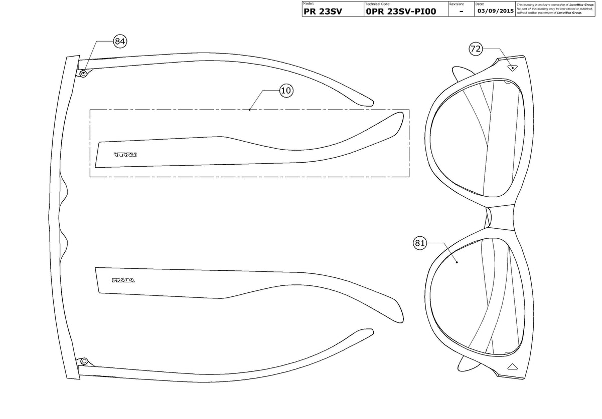 Enlarged technical drawing of the Prada PR 23SV Glasses Replacement Parts